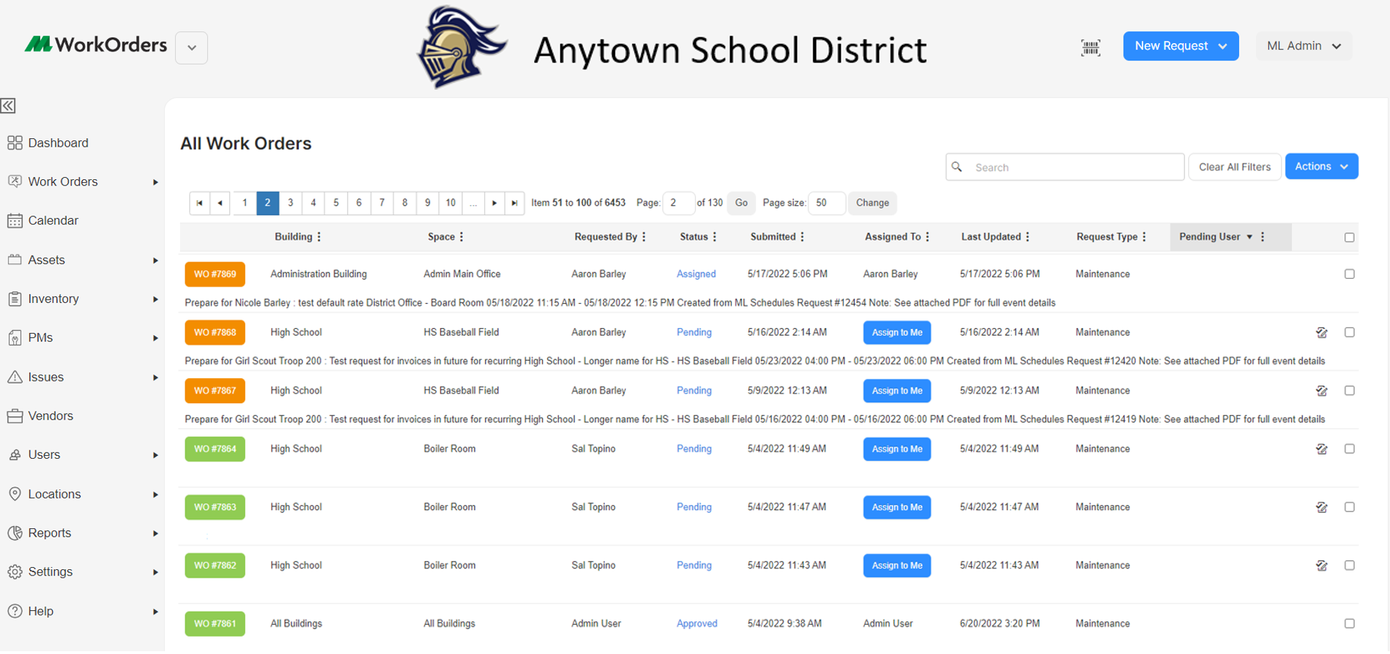 screenshot of ML Work Orders